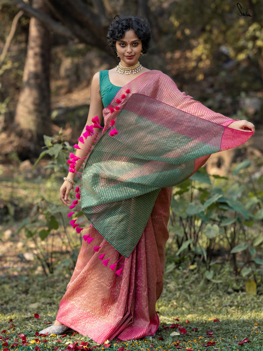 Pavazha Pachai – Pink & Green Cotton Zari Saree